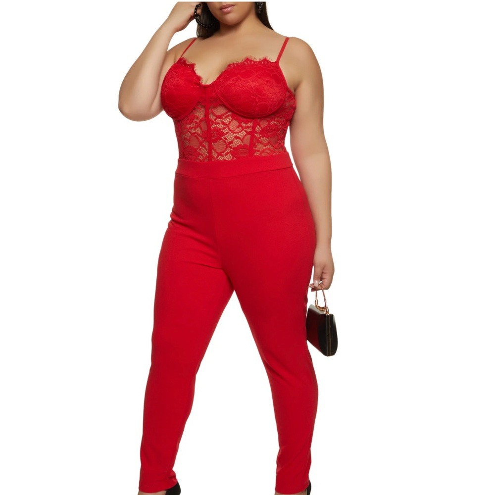 Plus Size Zip Back Lace Bustier Jumpsuit - Red